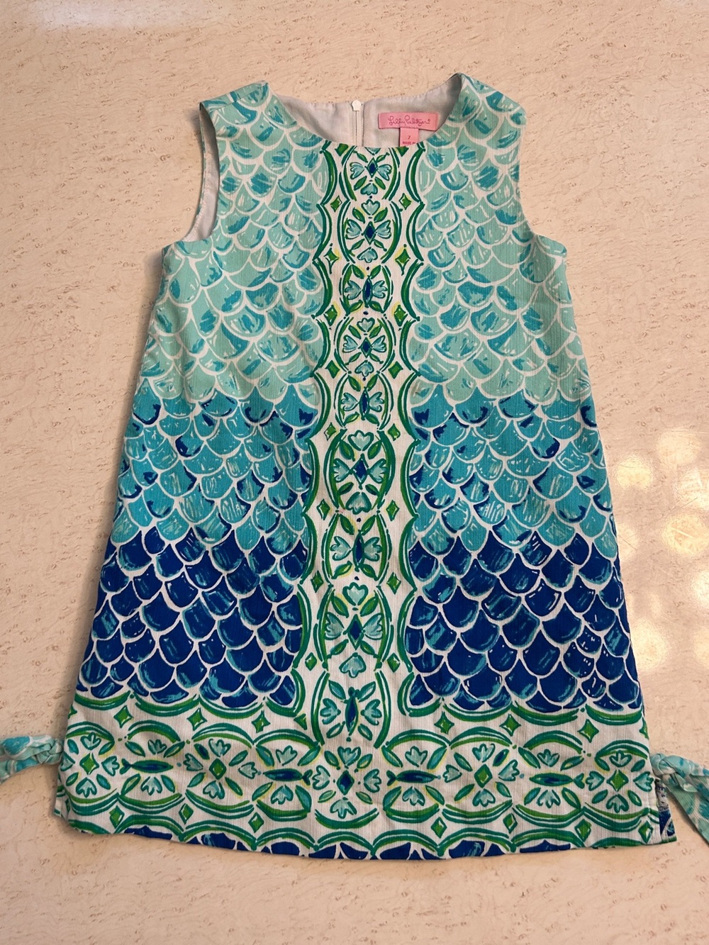 Lilly Pulitzer Girls Sleeveless Shift Dress - Aqua & Navy Scale Print